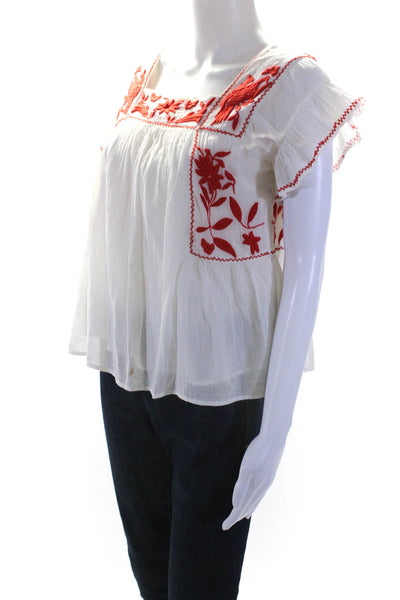 Joie Womens Cap Sleeve Square Neck Embroidered Top White Red Cotton Size 2XS