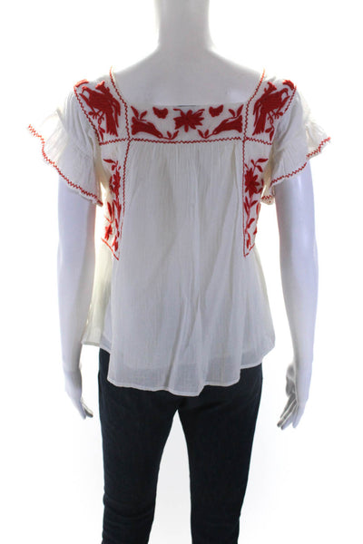 Joie Womens Cap Sleeve Square Neck Embroidered Top White Red Cotton Size 2XS