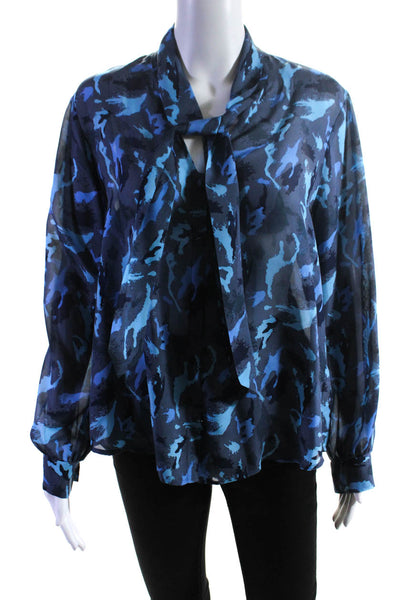 L'Agence Womens Silk Abstract Print Long Sleeve Button Down Shirt Blue Size M