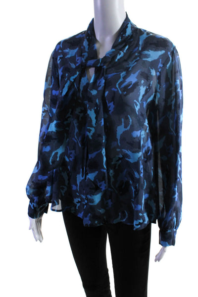 L'Agence Womens Silk Abstract Print Long Sleeve Button Down Shirt Blue Size M