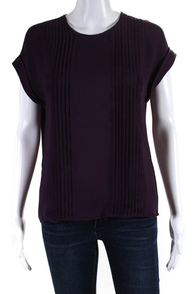 Theory Womens Short Sleeve Crew Neck Pintuck Shirt Purple Silk Size Small