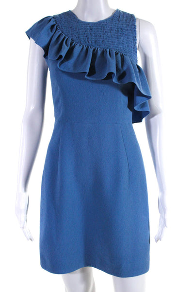 Sandro Womens Back Zip Sleeveless Smocked Ruffled Sheath Dress Blue Size 2
