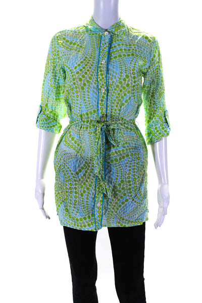 Trina Turk Womens Button Down Shirt Green Blue Cotton Size Extra Small