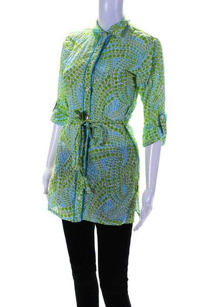 Trina Turk Womens Button Down Shirt Green Blue Cotton Size Extra Small