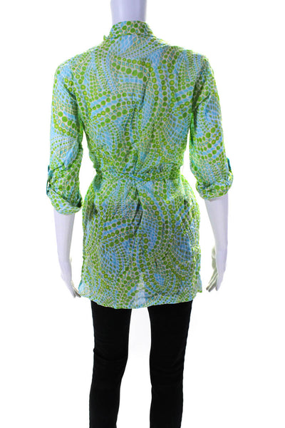 Trina Turk Womens Button Down Shirt Green Blue Cotton Size Extra Small