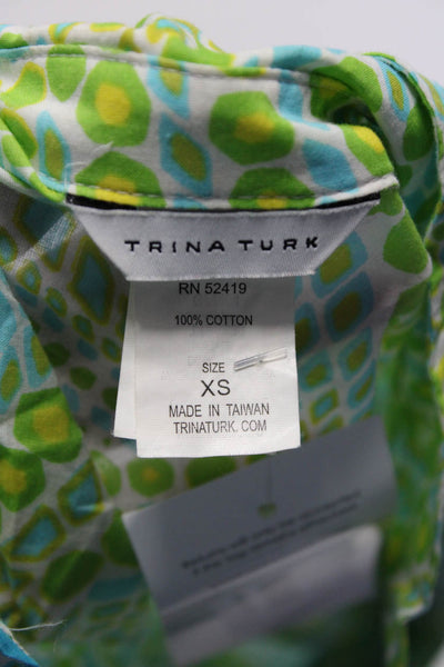 Trina Turk Womens Button Down Shirt Green Blue Cotton Size Extra Small