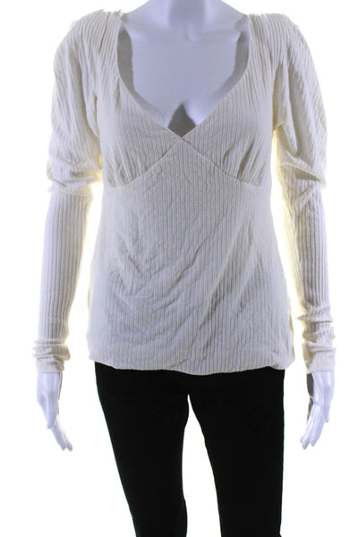 ALC Womens Ribbed Pleated Long Sleeved V Neck Slim Fit Blouse Top Cream Size L