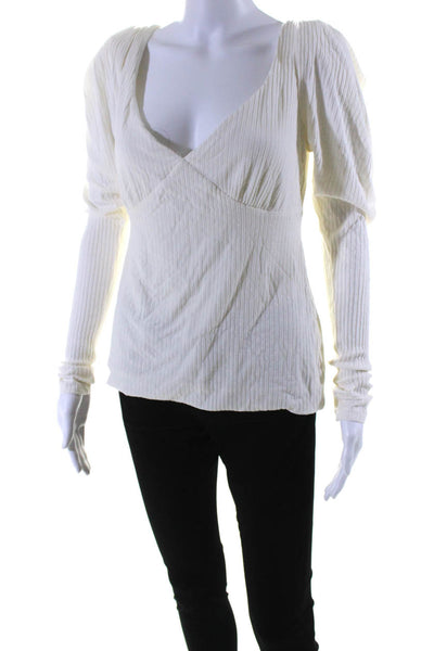 ALC Womens Ribbed Pleated Long Sleeved V Neck Slim Fit Blouse Top Cream Size L