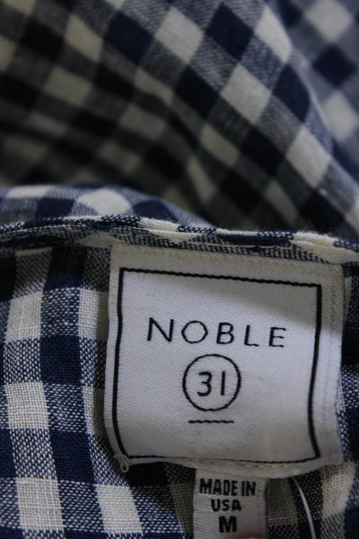 Noble 31 Womens Short Sleeve V Neck Gingham High Low Top Blue White Linen Medium