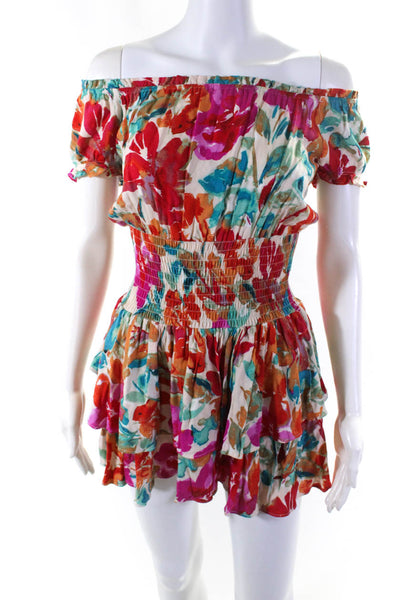 Olivaceous Womens Red Floral Print Off Shoulder Short Sleeve Shift Dress Size S