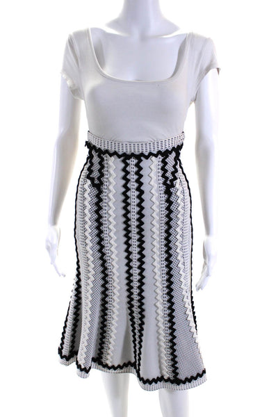 Herve Leger Womens White Black Textured Zig Zag Midi A-Line Skirt Size XXS