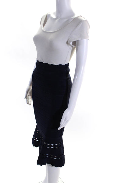Herve Leger Womens Navy Blue Cut Out Scalloped Midi Mermaid Skirt Size XXS