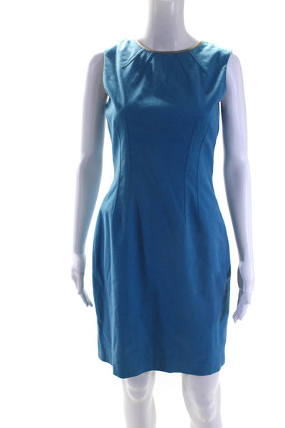 Elie Tahari Womens Back Zip Sleeveless Crew Neck Sheath Dress Blue Cotton Size 2