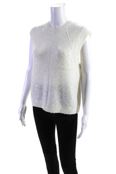 ATM Womens Oversize Sequin Sleeveless Crew Neck Sweater Vest Ivory Size Medium