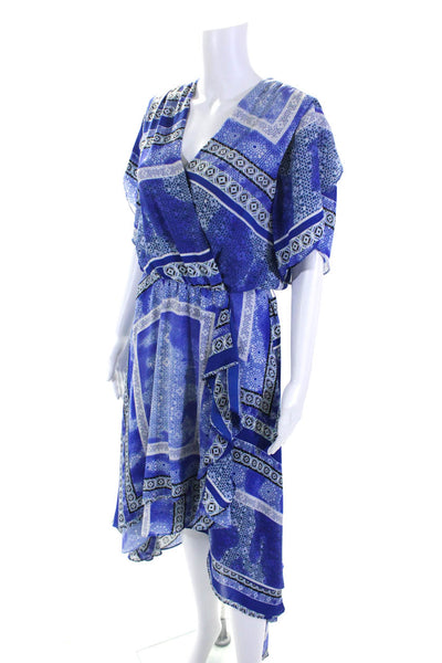 Parker Womens Short Sleeve V Neck Abstract Ruffled Midi Dress Blue White Small