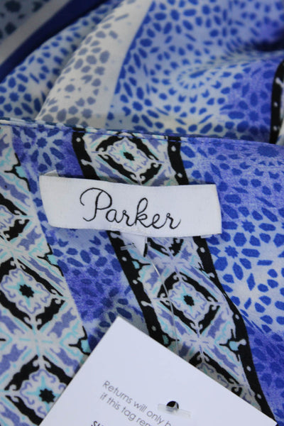 Parker Womens Short Sleeve V Neck Abstract Ruffled Midi Dress Blue White Small