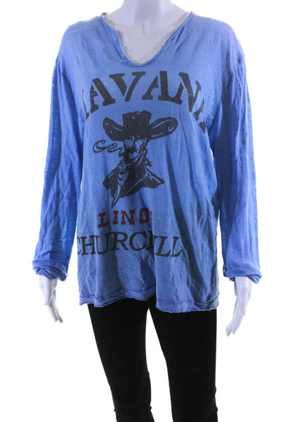 Sunday Womens Long Sleeve Scoop Neck Oversized Graphic Shirt Blue Size Medium