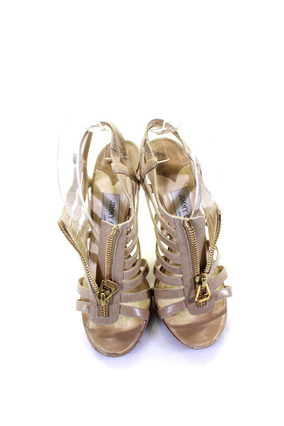 Jimmy Choo Womens Front Zip Stiletto Strappy Sandals Beige Leather Size 37
