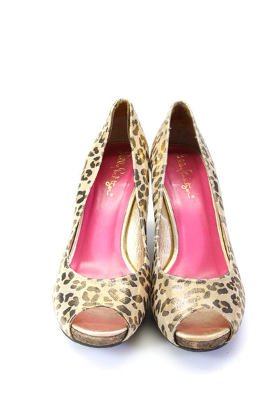 Lilly Pulitzer Womens Gold Cheetah Print Peep Toe Wedge Heels Shoes Size 6.5M