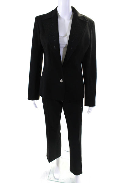 Fitelle Womens Black Floral Textured Two Button Blazer Pants Suit Set Size M 8