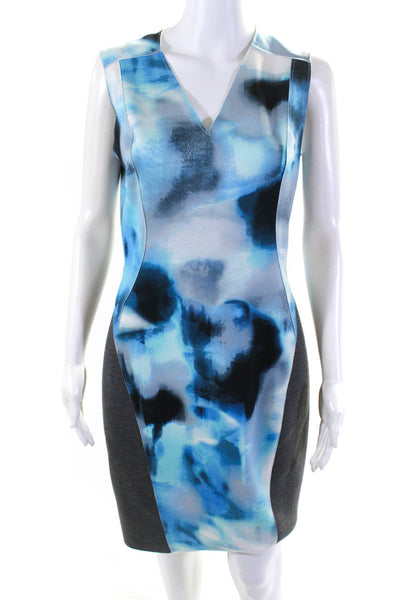 T Tahari Womens Blue Gray Tie Dye V-Neck Zip Back Sleeveless Shift Dress Size 8