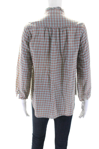 Birds of Paradis Womens Cotton Plaid Print Ruffled V-Neck Blouse Blue Size XS