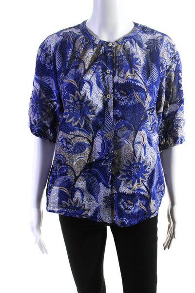 Velvet by Graham & Spencer Womens Blue Floral Short Sleeve Blouse Top Size S