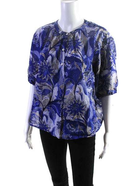 Velvet by Graham & Spencer Womens Blue Floral Short Sleeve Blouse Top Size S