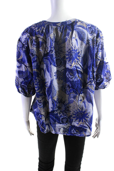 Velvet by Graham & Spencer Womens Blue Floral Short Sleeve Blouse Top Size S