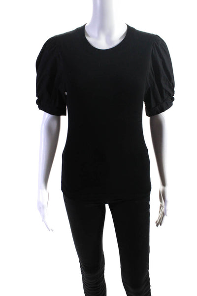 ALC Womens Black Cotton Crew Neck Puff Short Sleeve Blouse Top Size S