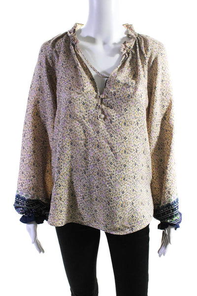 Veronica Beard Womens Beige Silk Printed V-Neck Long Sleeve Blouse Top Size 2