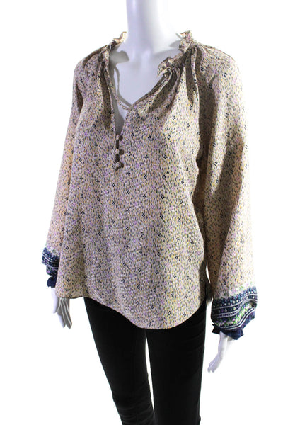 Veronica Beard Womens Beige Silk Printed V-Neck Long Sleeve Blouse Top Size 2