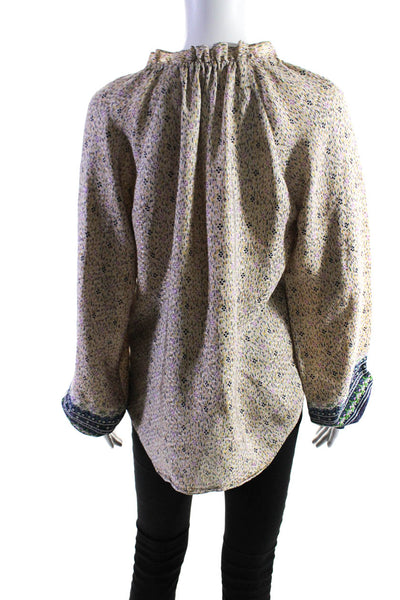 Veronica Beard Womens Beige Silk Printed V-Neck Long Sleeve Blouse Top Size 2