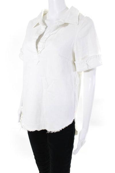 Noble 31 Womens Short Sleeve Collared V Neck Fringe Denim Shirt White Medium