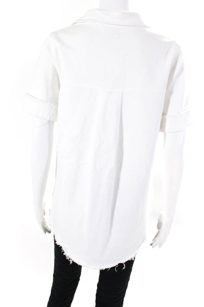 Noble 31 Womens Short Sleeve Collared V Neck Fringe Denim Shirt White Medium