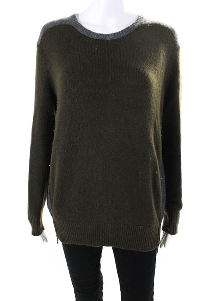 Vince Womens Double Side Zip Crew Neck Cashmere Sweater Green Gray Size Small