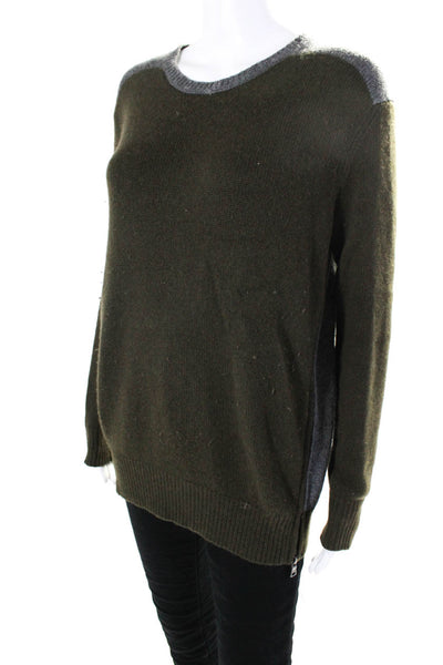 Vince Womens Double Side Zip Crew Neck Cashmere Sweater Green Gray Size Small
