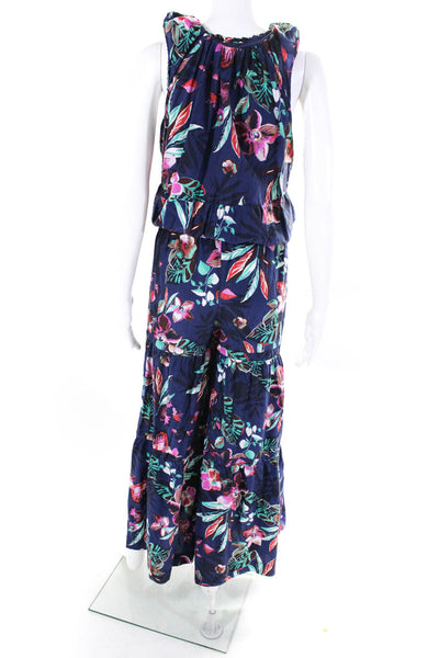 Warm Womens Sleeveless V Neck Wide Leg Floral Jumpsuit Blue Multi Size 1