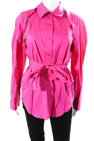 10 Crosby Derek Lam Womens Cutout Sleeve Belted Button Up Top Blouse Pink Size 6