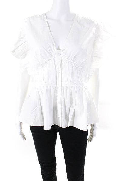 10 Crosby Derek Lam Womens Ruched Flutter Sleeve V Neck Top Blouse White Size 12