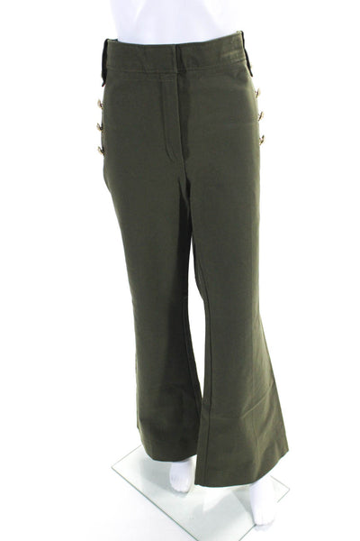 Designer Womens Mid Rise Button Front Twill Flare Pants Olive Green Size 14