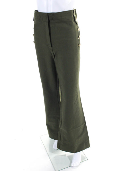 Designer Womens Mid Rise Button Front Twill Flare Pants Olive Green Size 14