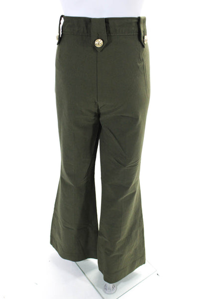 Designer Womens Mid Rise Button Front Twill Flare Pants Olive Green Size 14