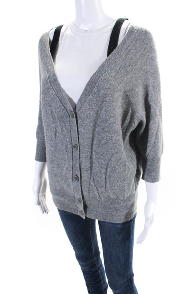 Theory Womens Cashmere V Neck Long Sleeve Button Down Sweater Top Gray Size P