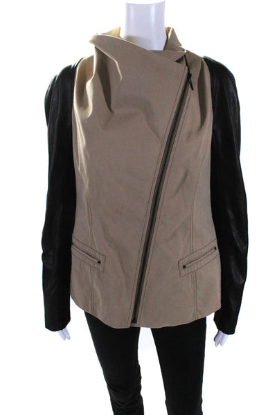 Andrew Marc Women's Long Sleeves Full Zip Leather Trim Jacket Beige Size L