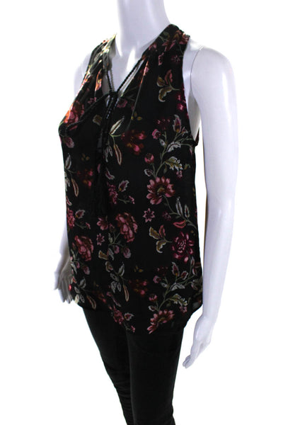 ALC Women's High Neck Sleeveless Tassel Black Floral Silk Blouse Size 0