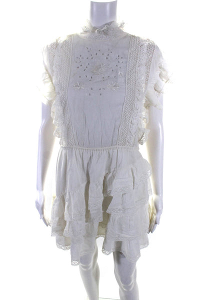 Ulla Johnson Womens Cotton Short Sleeve Ruffle Lace Trim Dress White Size 4