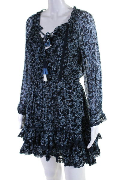 Rahi Cali Womens Chiffon Floral Print Lace Trim Mini Blouson Dress Blue Size M
