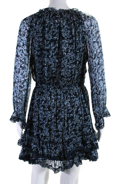 Rahi Cali Womens Chiffon Floral Print Lace Trim Mini Blouson Dress Blue Size M