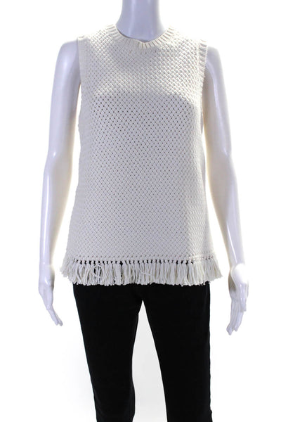 Theory Womens Sleeveless Crew Neck Fringe Crochet Knit Top White Size Medium
